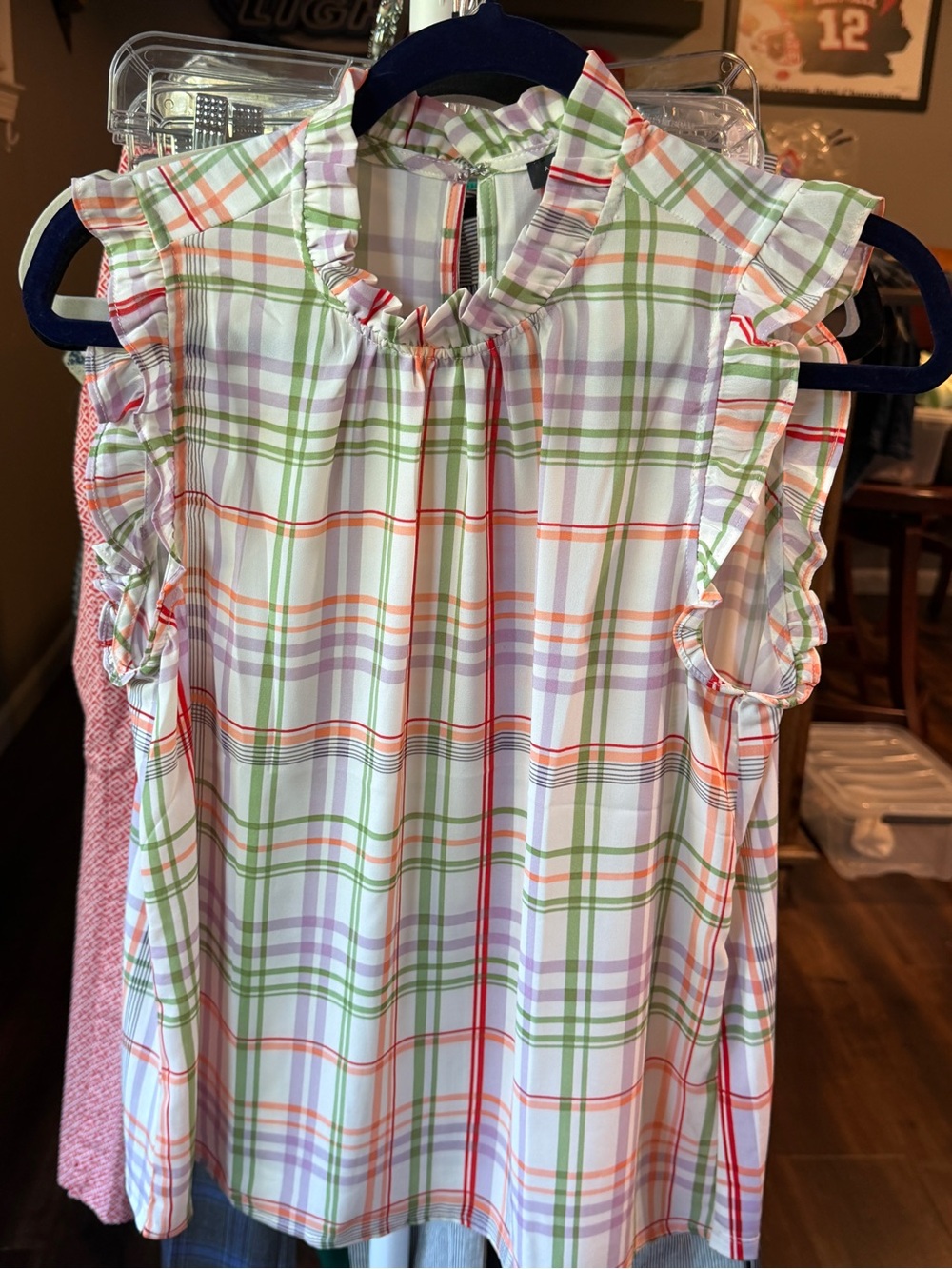 Ann Taylor Factory Multicolor Plaid Button-Up Blouse in Green, Orange, Purple